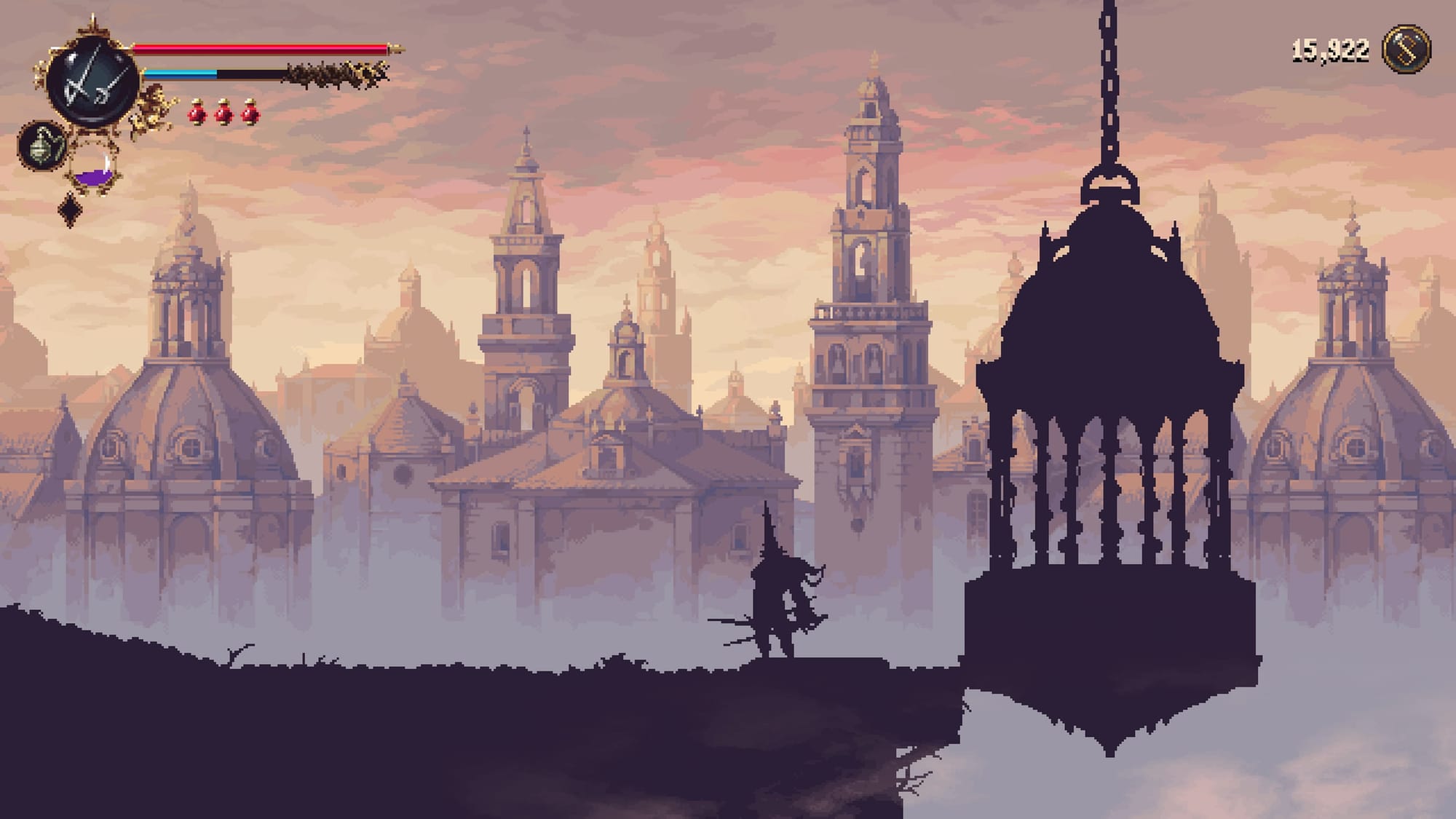 A screenshot of a a rooftop passage with a landscape with cathedrals and towers of victorian era and forefront with the main character being completely darkened.