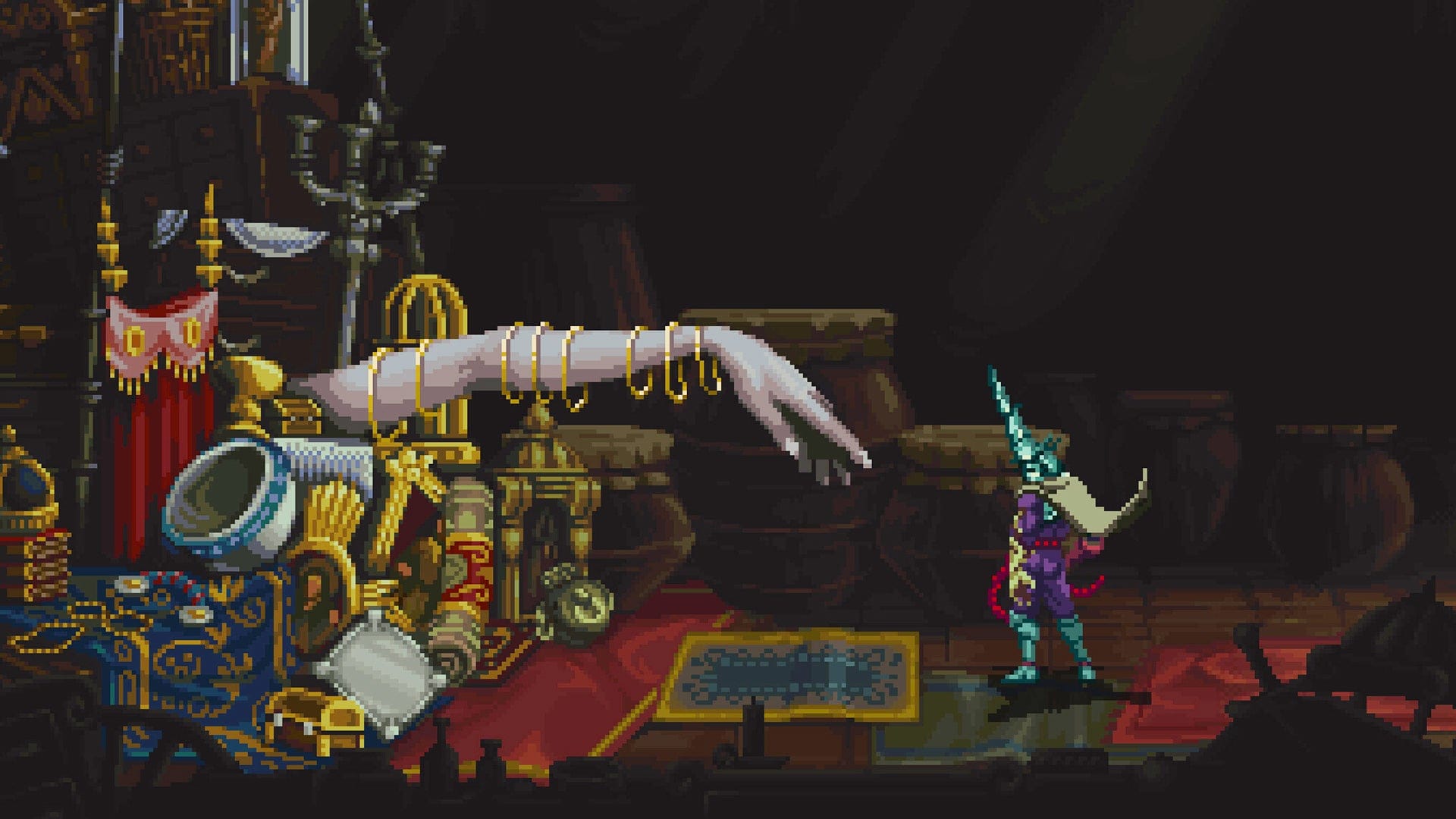 A screenshot with one of the merchants in the game, depicted as a womens gigantic hand reaching out from the pile of riches and expensive stuff.