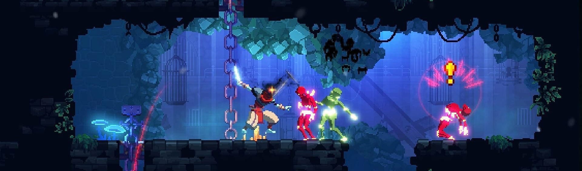 A screenshot from the Dead Cells game of active fighting of the main character with multiple enemies.