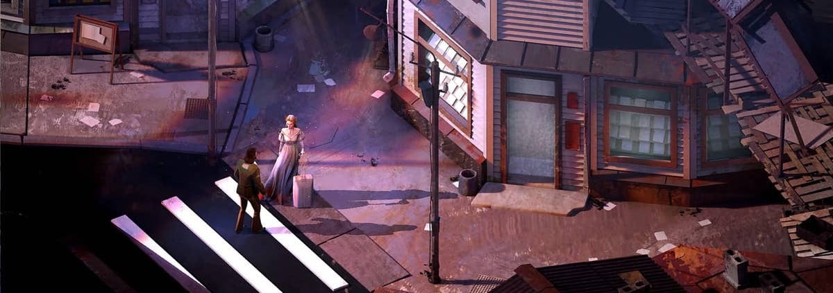 A screenshot from the Disco Elysium game, where you see from above a main character main in a worn suit talking to a woman in a dress and a suitcase on the crosswalk.