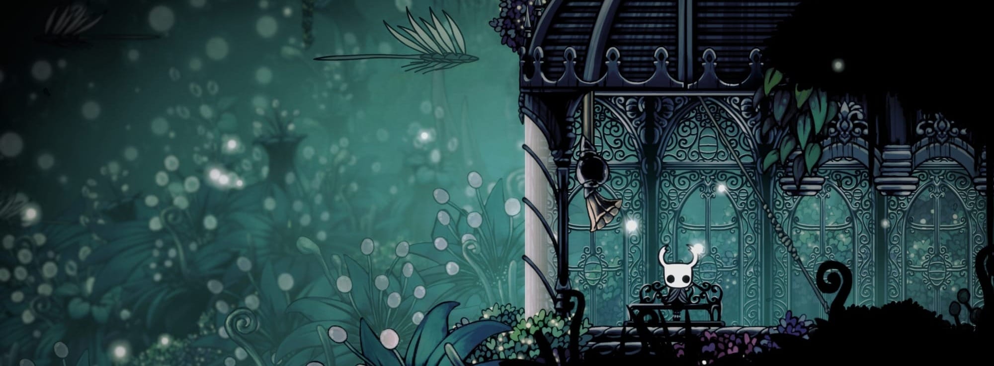 A screenshot from the Hollow Knight game, where the main character (white bug-like warrior) peacfully sits on a bench in some gazebo.