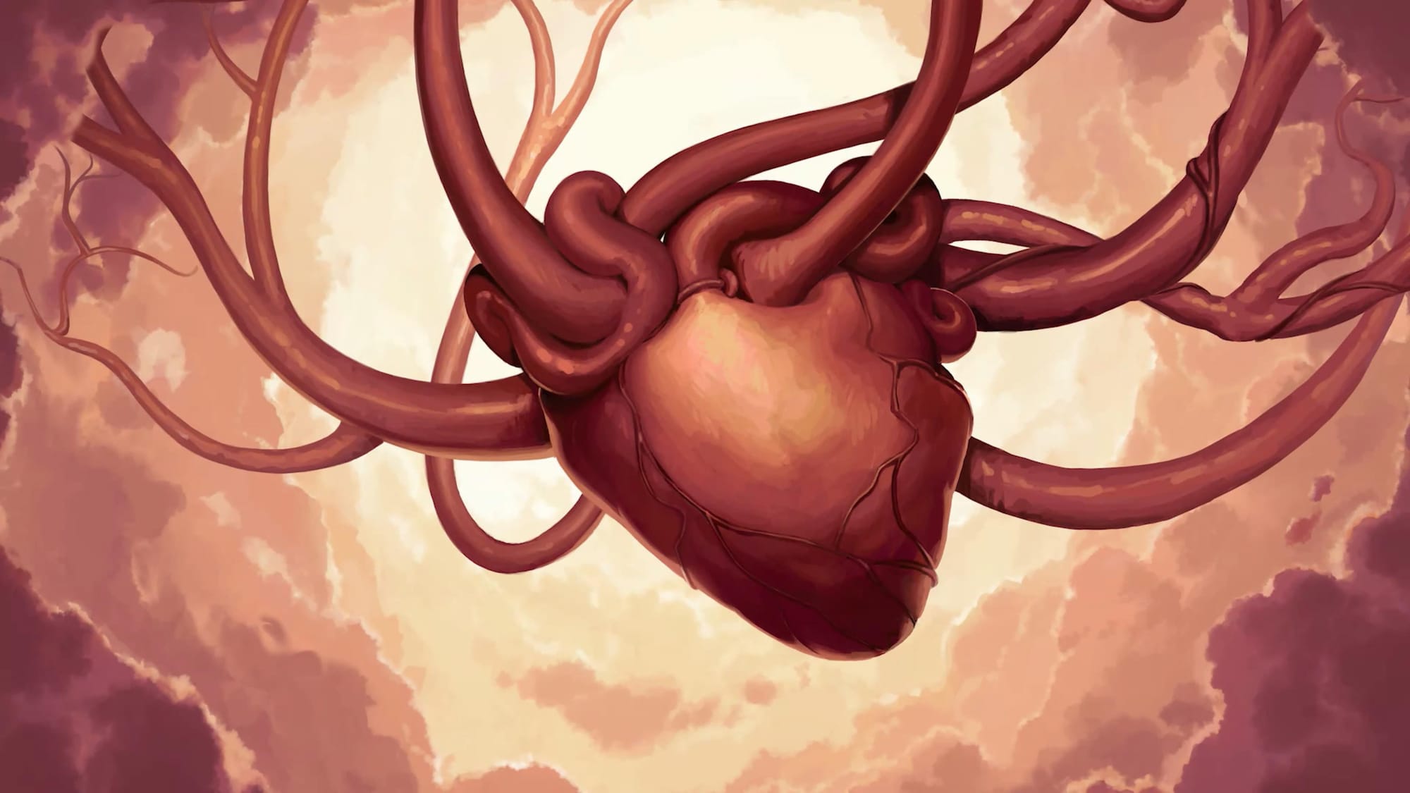 The screenshot from the game cinematic, depicting a gigantic hear in the skies with arteries reaching to all sides to the top.