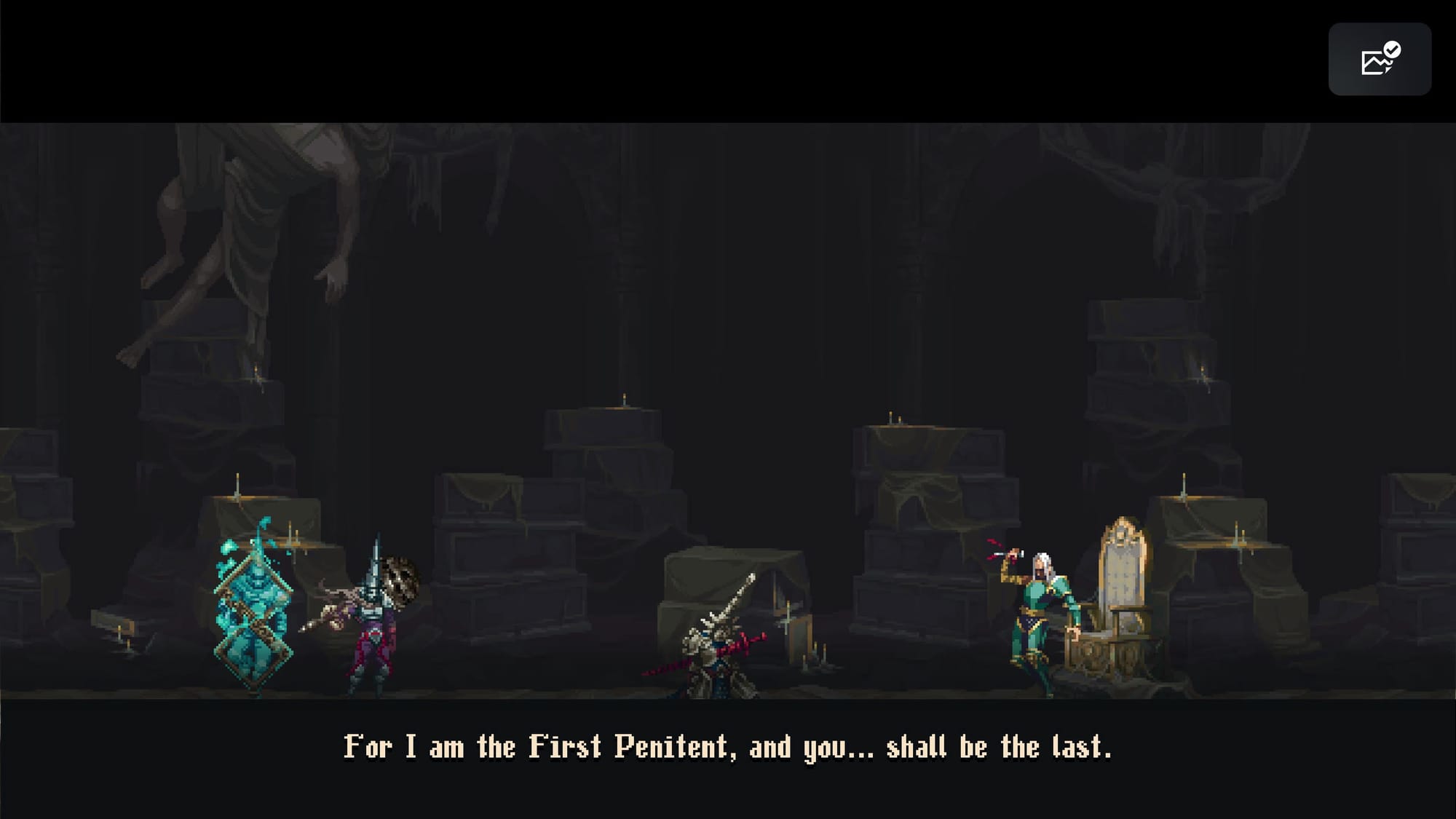A screenshot of the boss fight. In the middle there is a dead body with a sword in the chest, looking as the main character. To the left is the main character next to the icon of his souls not yet collected. To the riht there is a thone and a boss character, with long white hair and a dagger in the hand. Background filled with boxes or coffins, making the atmosphere of an abandoned attic. 