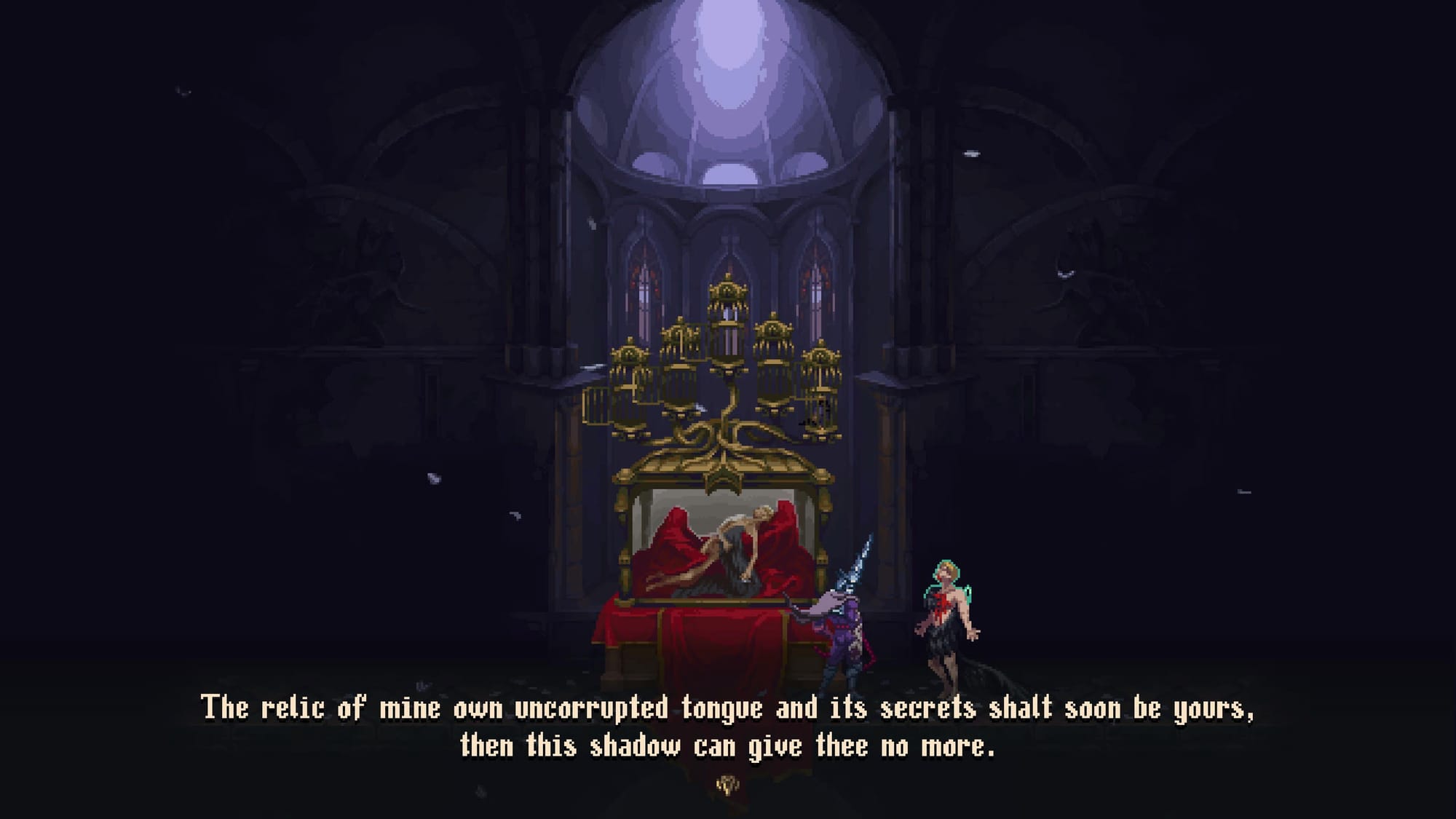 A scene in the cathedral with a golden structure in the center of it and 5 empty bird cages. And angel with a wound in his chest. Subtitles say: "The relic of mine own uncorrupted tongue and uts secrets shaft soon be yours, then this shadow can give thee no more."