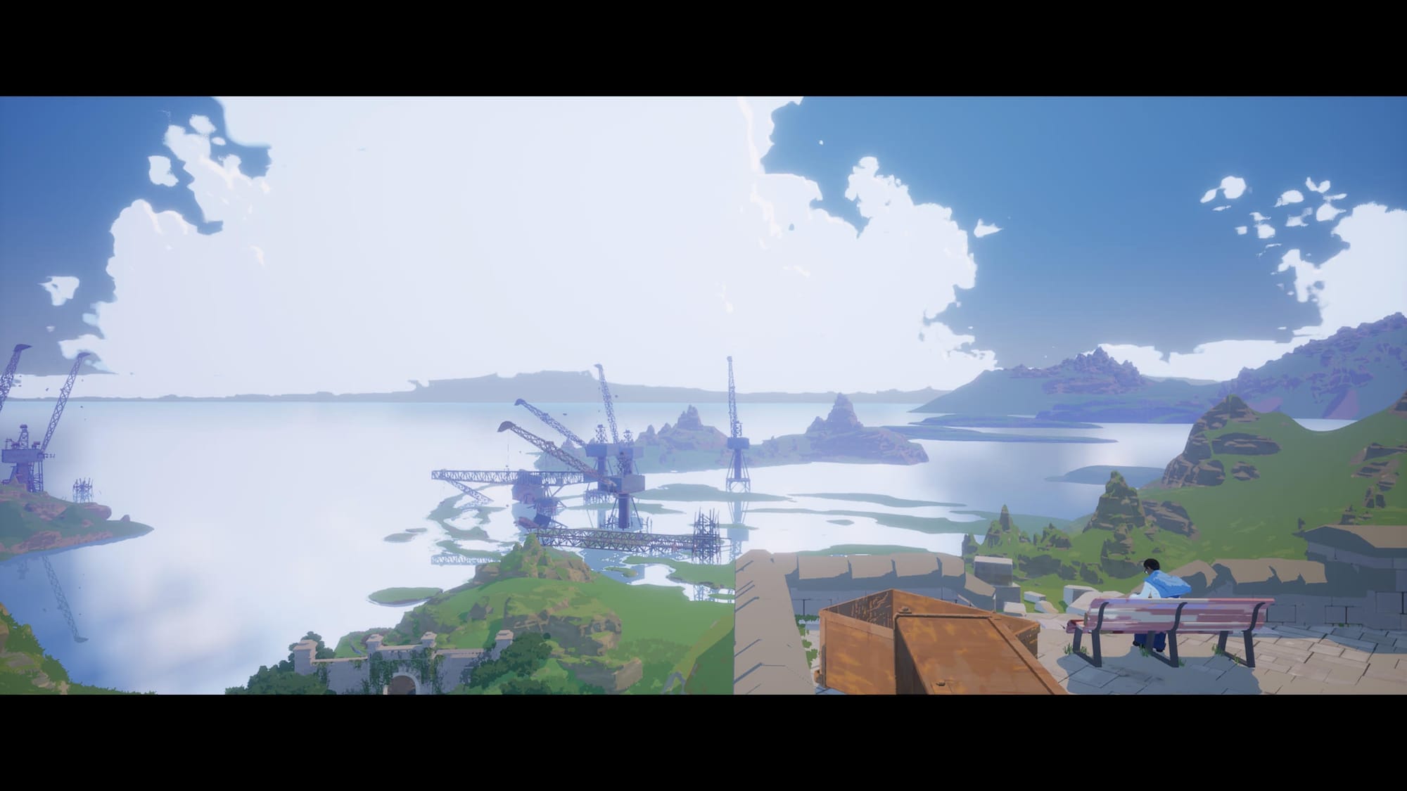A landscape from the game with cranes, sea and hills in the far and main character sitting on the bench to the right making sketches