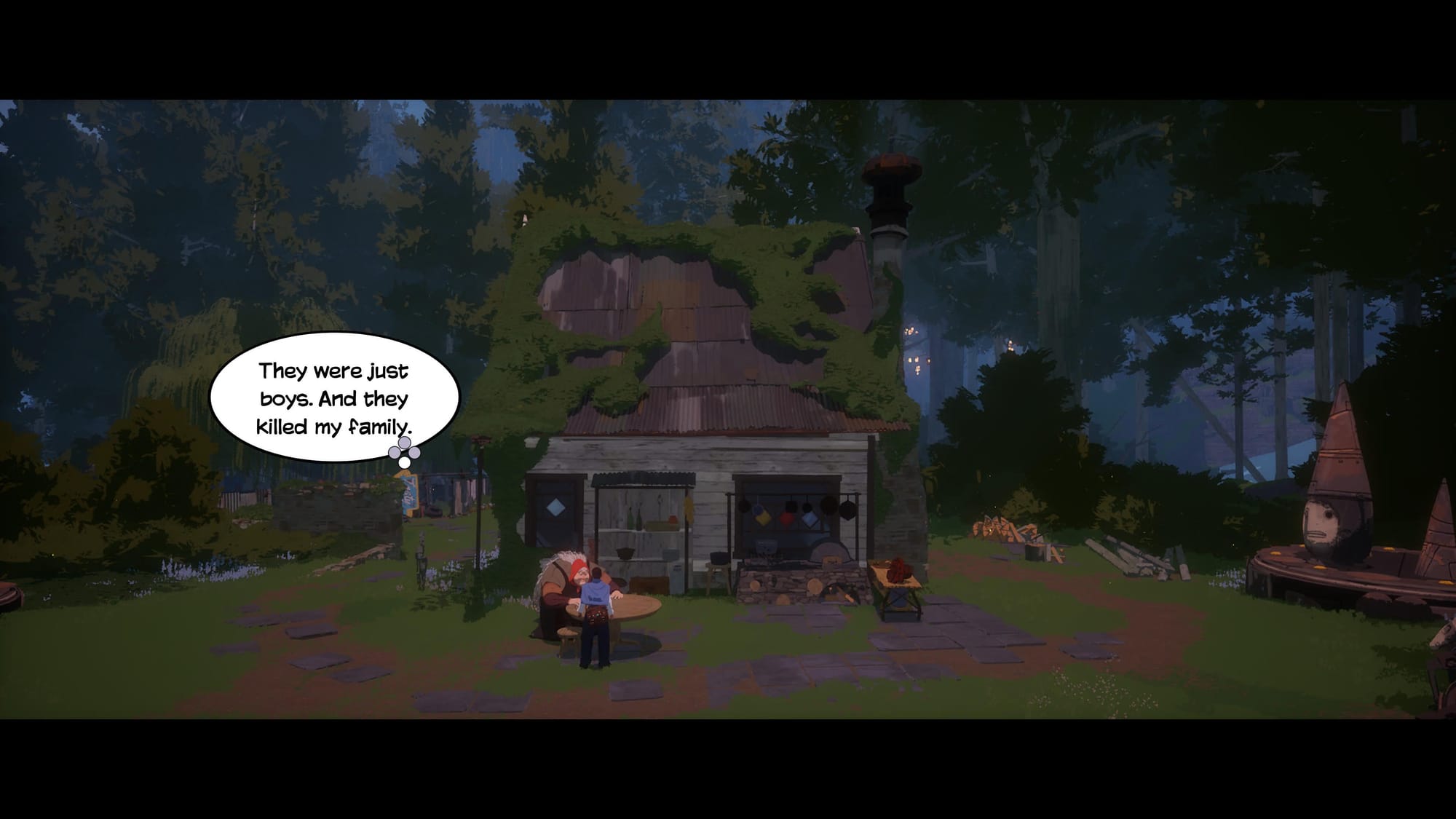 A screenshot with main character talking to a granny near her wooden house in the woods. A dialog bubble from the granny says: "They were jut boys. And they killed my family".