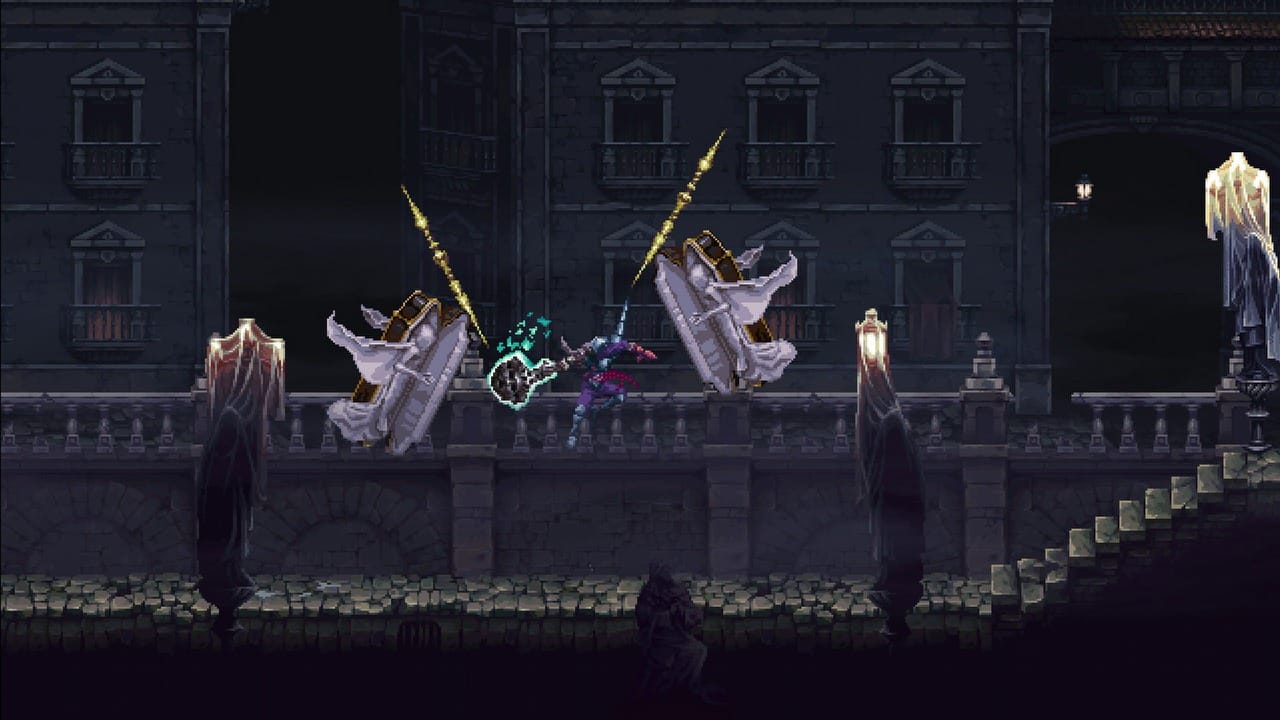A screenshot of a fight with main character with Veredicto jumping in between 2 flying coffins with mummies and spears; with a dark alleys in the background.