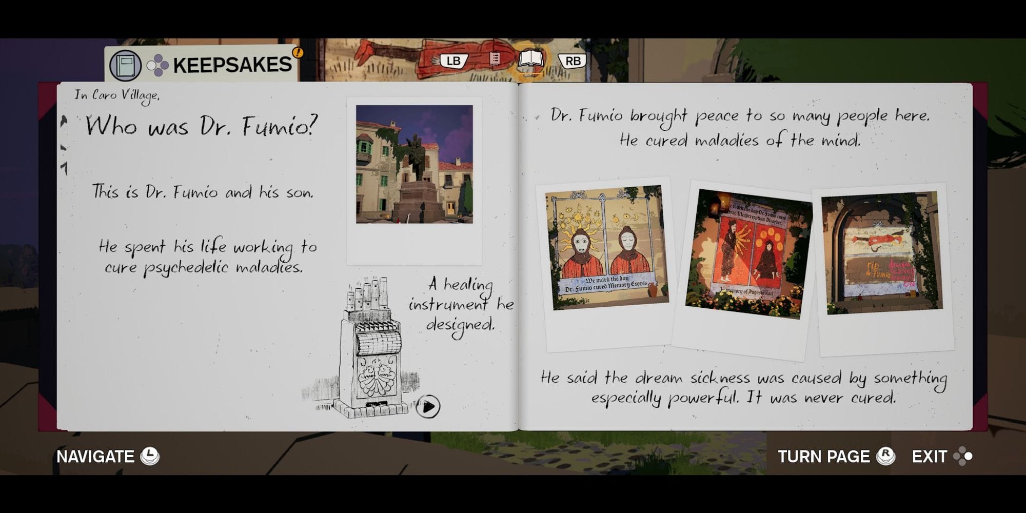 Diary from the game with notes and photos the player can take to place there