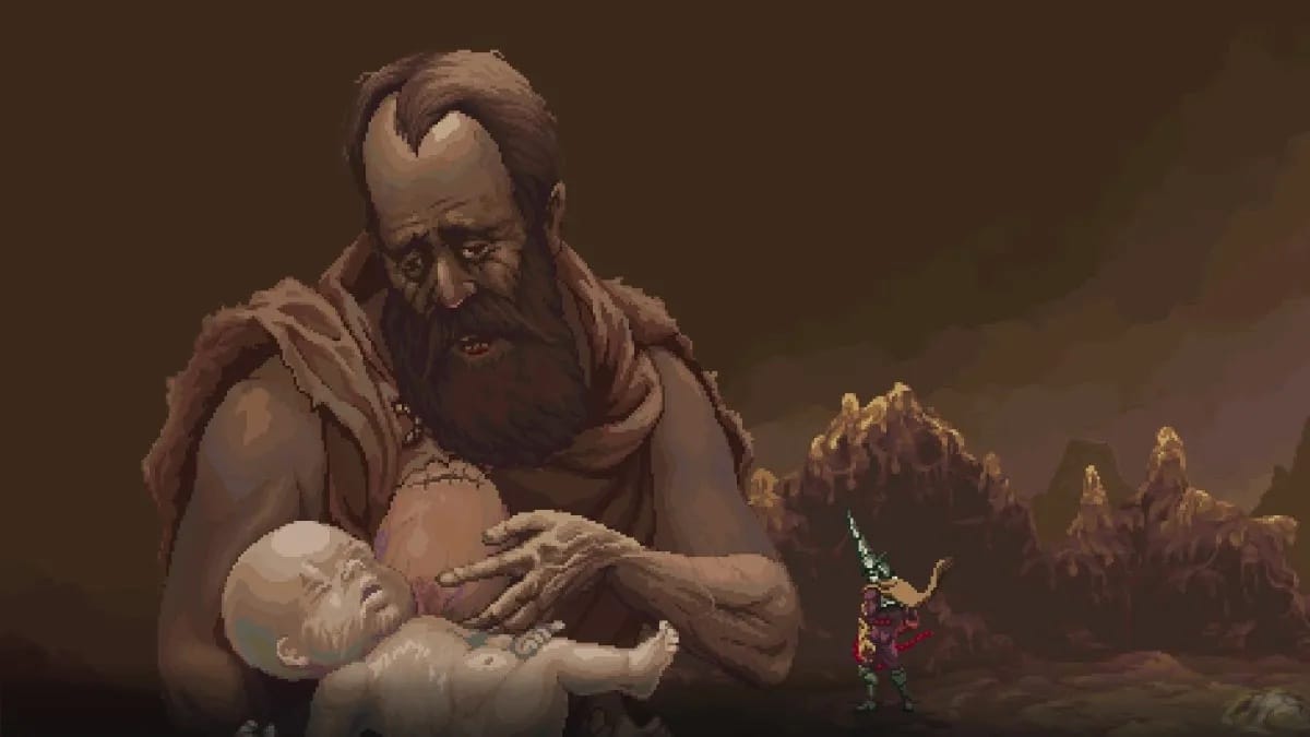 A screenshot of the game with a character staying next to a gigentic figure of a distressed man with a sewed breast to his chest feeding a baby in his hands.