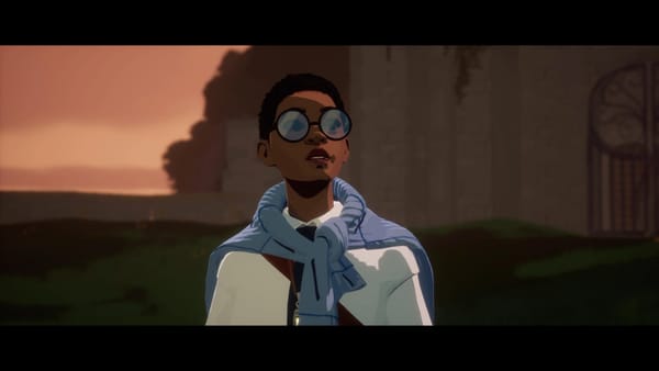A screenshot from the game Season: A Letter to the Future with the main character close shot looking above with a castle wall